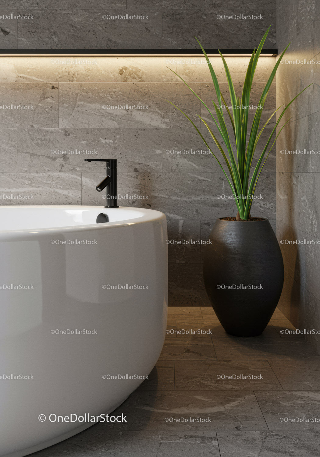 Modern Bathroom with Freestanding Bathtub and Green Plant