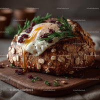 Rustic Oat-Topped Loaf with Egg and Herbs on Wooden Board