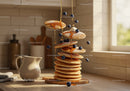 Stack of fluffy pancakes with blueberries and honey drizzle