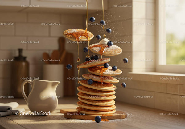 Stack of fluffy pancakes with blueberries and honey drizzle