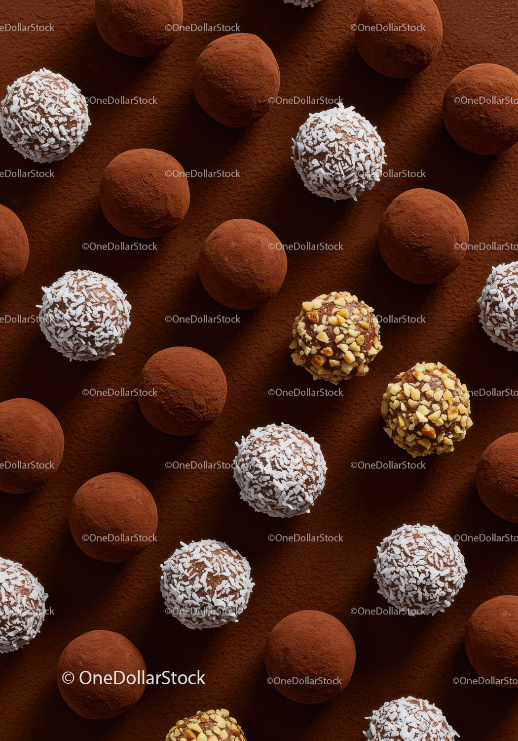 Assorted chocolate truffles with coconut and nuts on cocoa