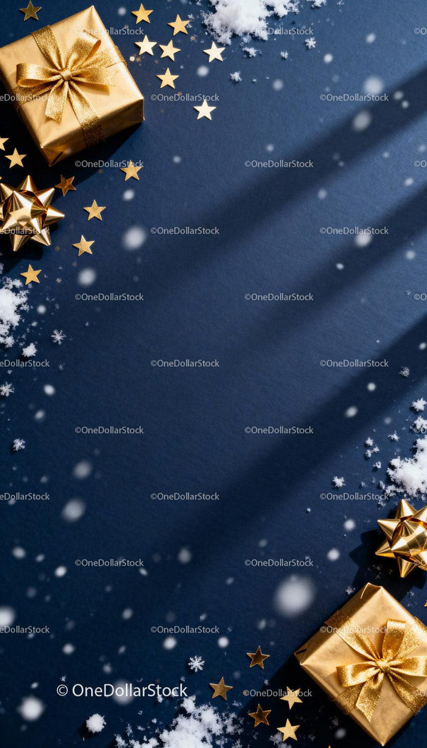 Golden Gift Boxes with Sparkling Stars on Blue