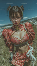 Fashionable Young Woman in Traditional Red Dress in Outdoor Field