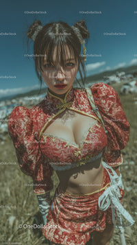 Fashionable Young Woman in Traditional Red Dress in Outdoor Field