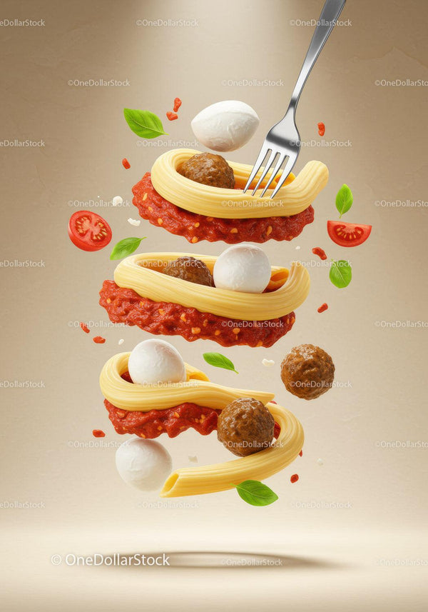Floating Italian pasta with meatballs and mozzarella balls