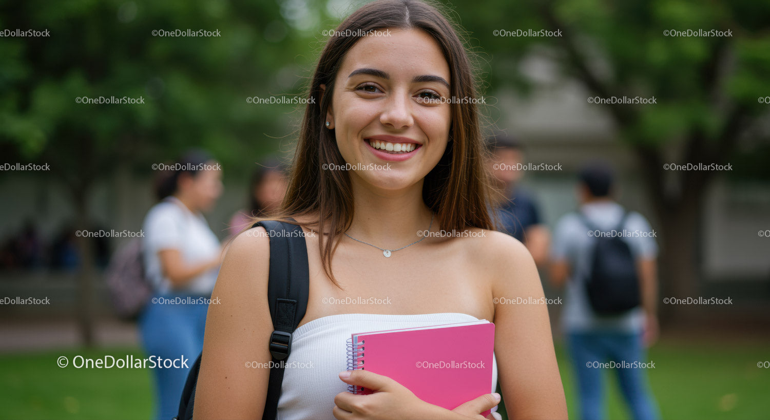 Happy Young Woman Carrying Notebook and Backpack on Campus