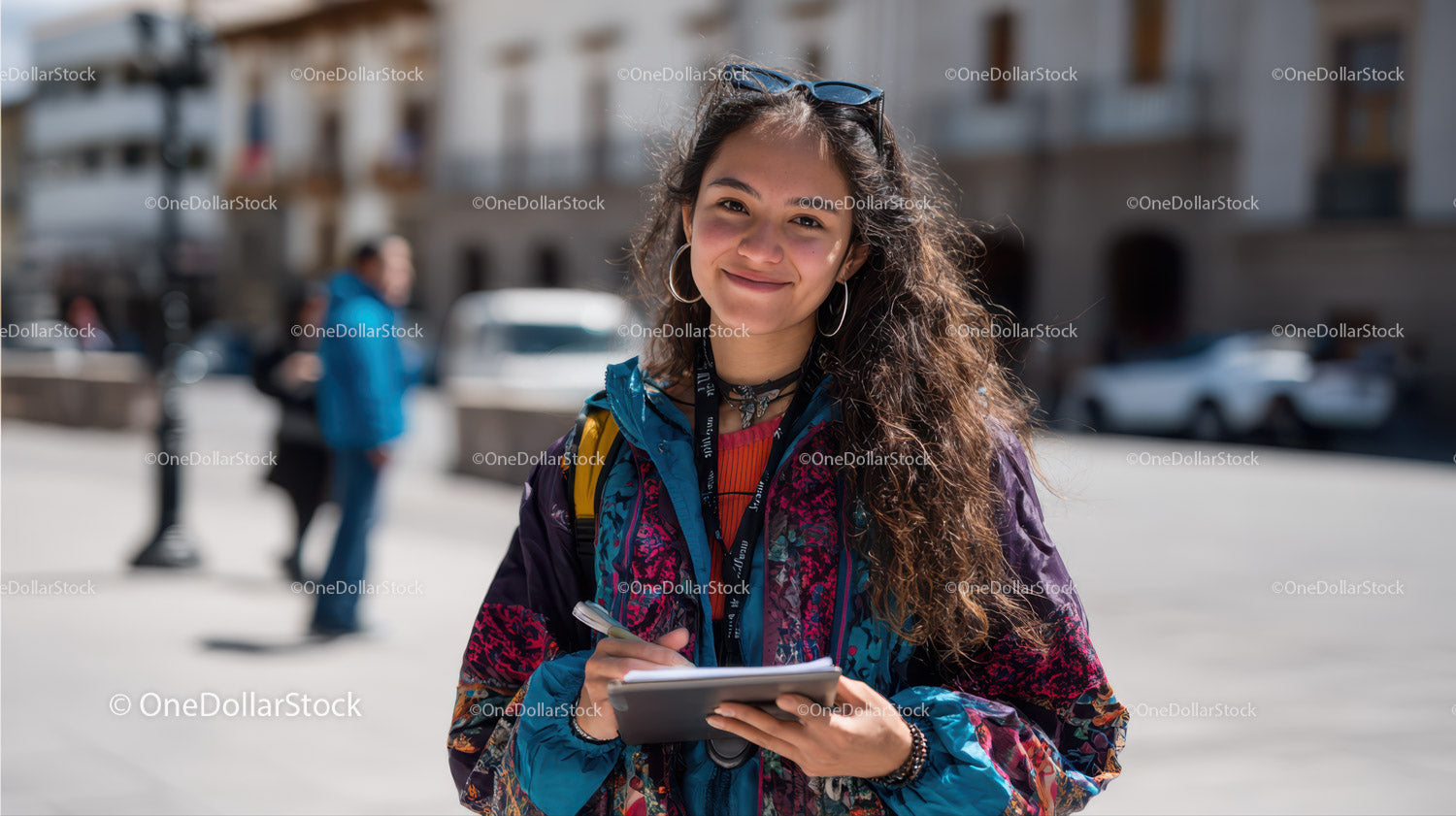 Colorful Young Woman with Notebook in Urban City Scene