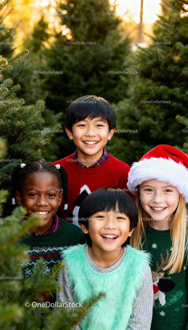Smiling Children Wearing Festive Sweaters in Christmas Tree Forest