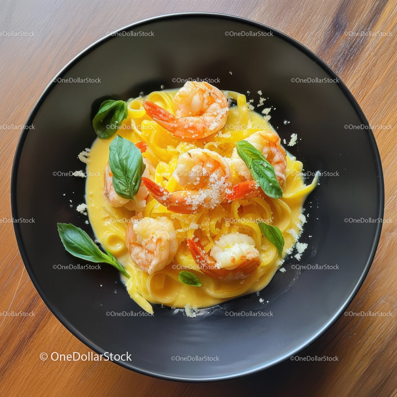 Seafood Shrimp Pasta with Basil in Black Bowl on Wooden Table
