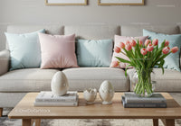 Cozy living room with pastel pillows and tulip bouquet