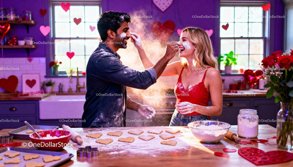 Couple Playfully Baking Heart Cookies Together