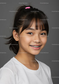 Joyful Girl with Braces and Straight Black Hair in White T-Shirt