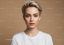 Professional Portrait of a Woman with Blonde Short Hair and Blue Eyes