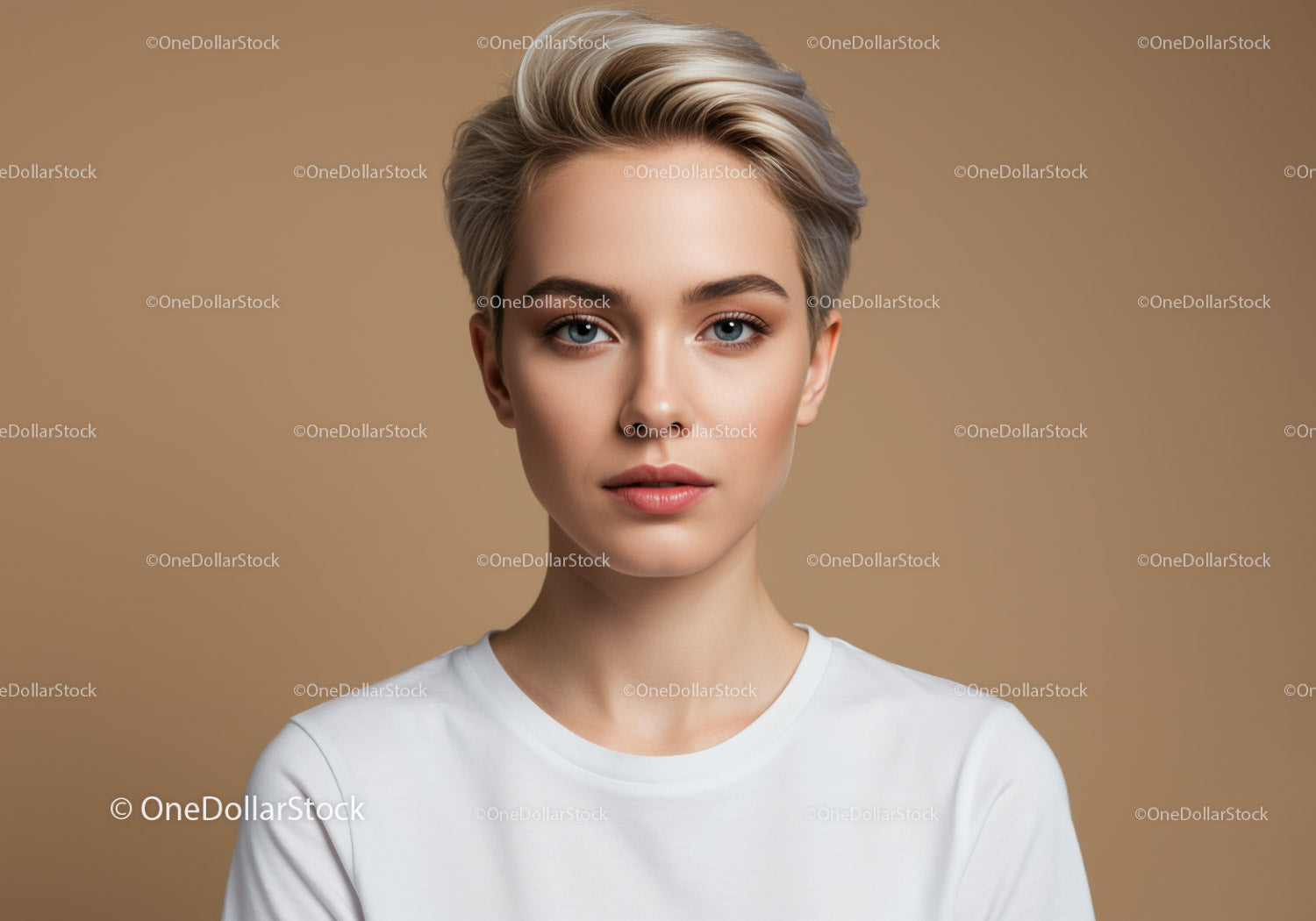 Professional Portrait of a Woman with Blonde Short Hair and Blue Eyes