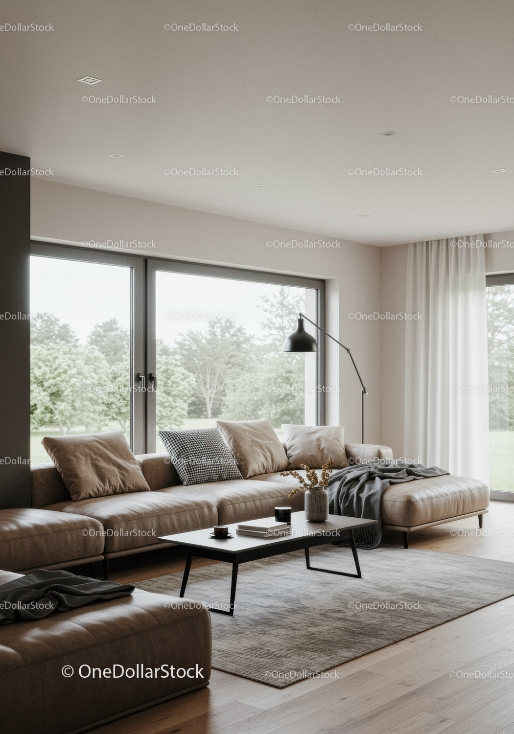 Modern Living Room with Beige Sofa and Floor Lamp