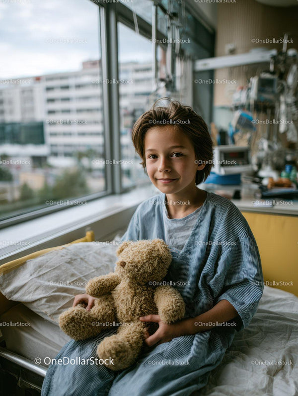 Young boy with teddy bear in hospital room smiling