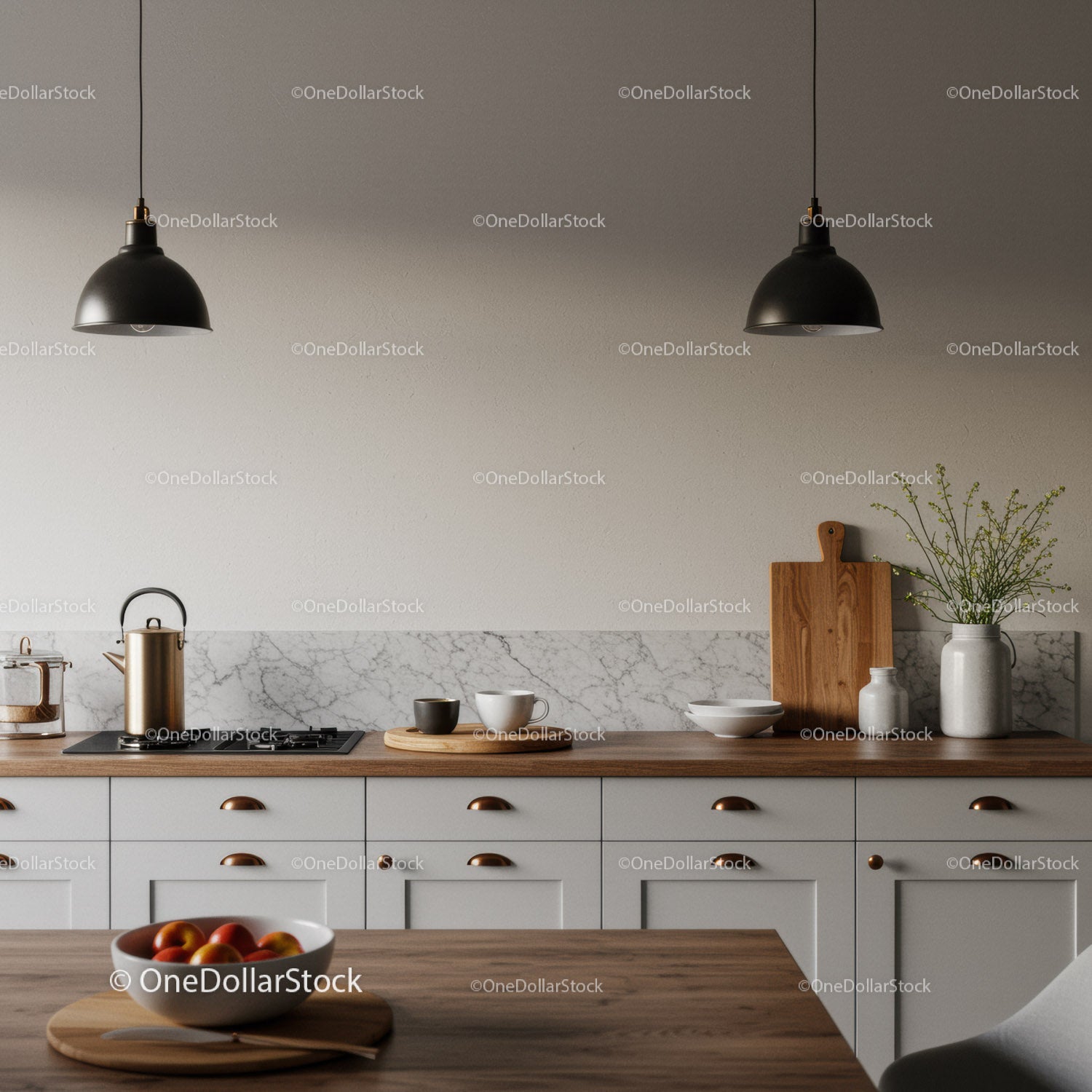 Modern Minimalist Kitchen with Wooden Countertop and Pendant Lighting