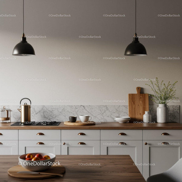 Modern Minimalist Kitchen with Wooden Countertop and Pendant Lighting