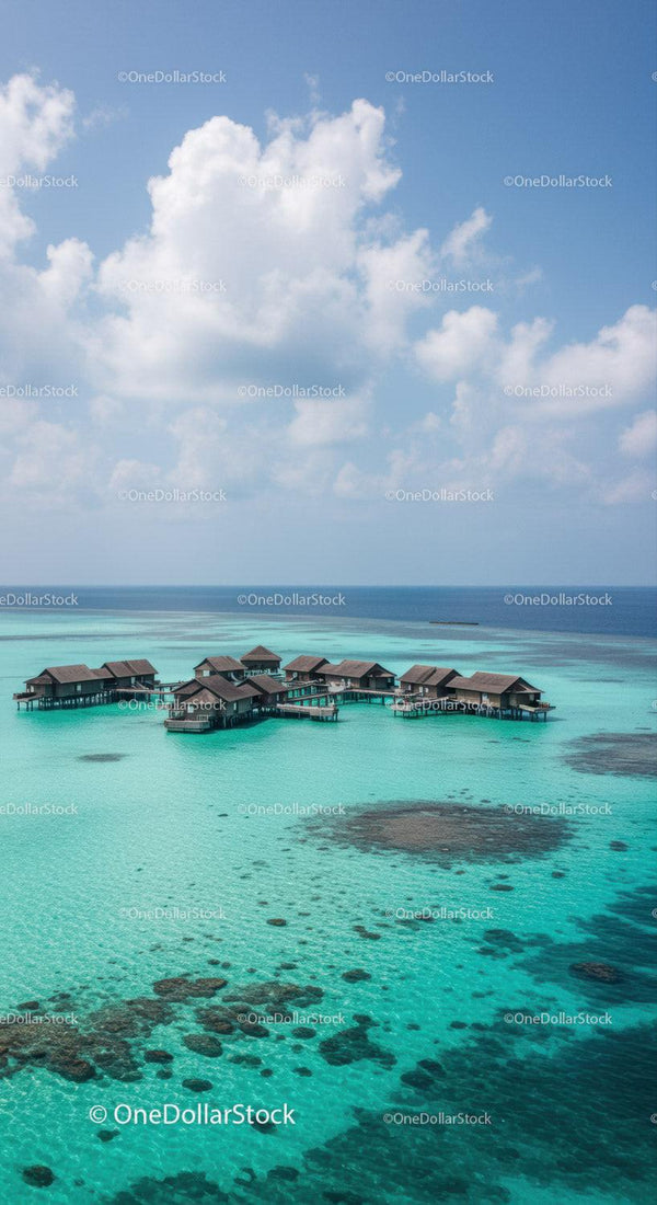 Beautiful Overwater Bungalows in Clear Turquoise Ocean Under Blue Sky