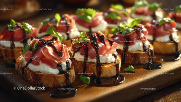 Gourmet Bruschetta with Prosciutto and Basil on Wooden Board