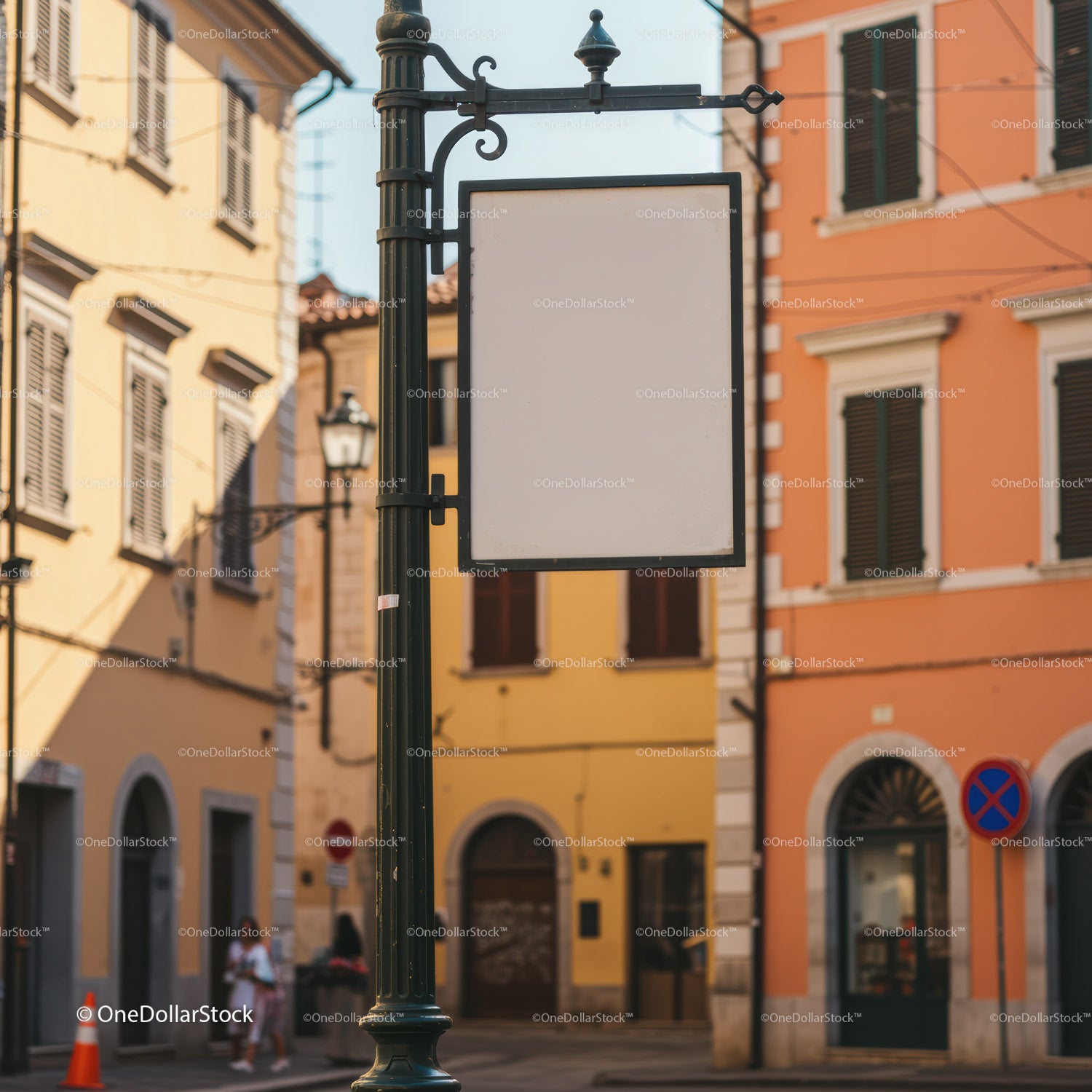 Blank Street Sign in Charming European Town Square