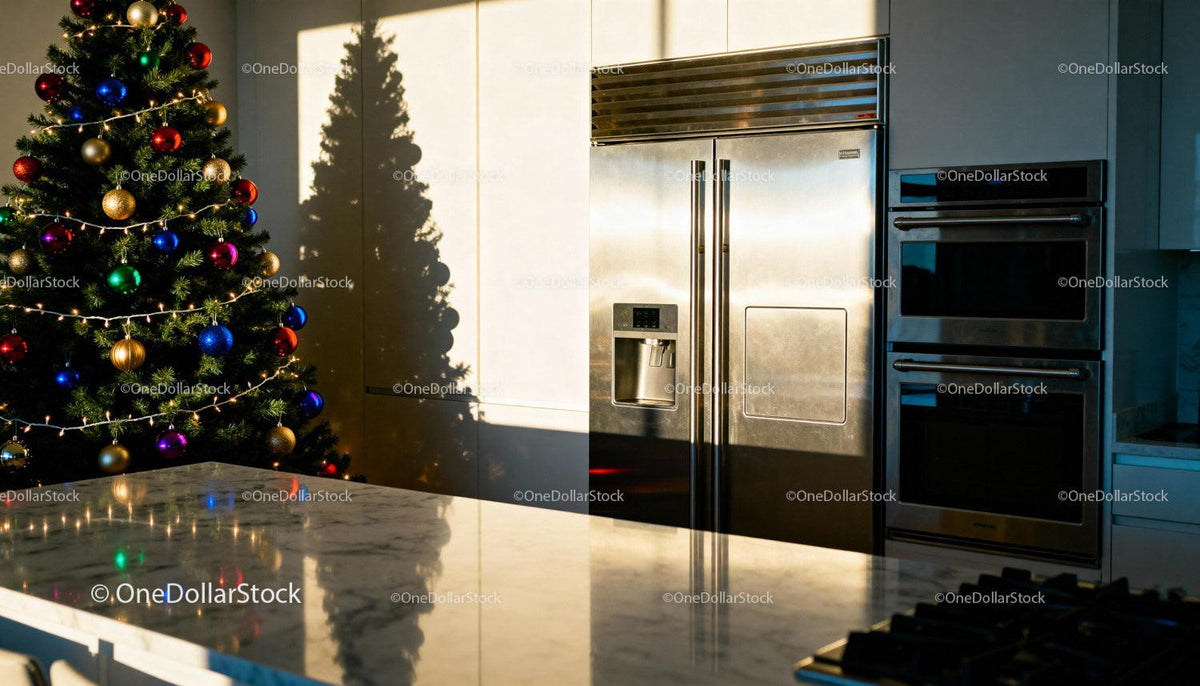 Modern kitchen with decorated Christmas tree and sunlight