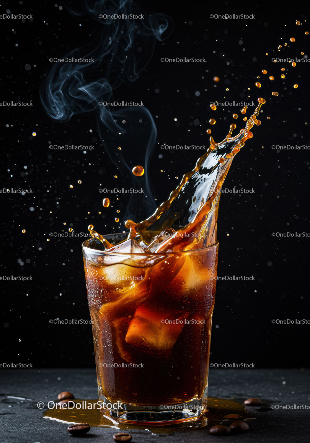 Iced Coffee Splash with Coffee Beans and Steam