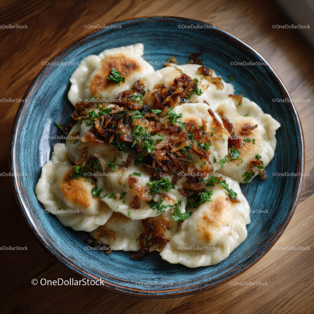 Dumplings with Bacon and Herbs Served in Rustic Bowl