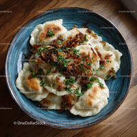 Dumplings with Bacon and Herbs Served in Rustic Bowl