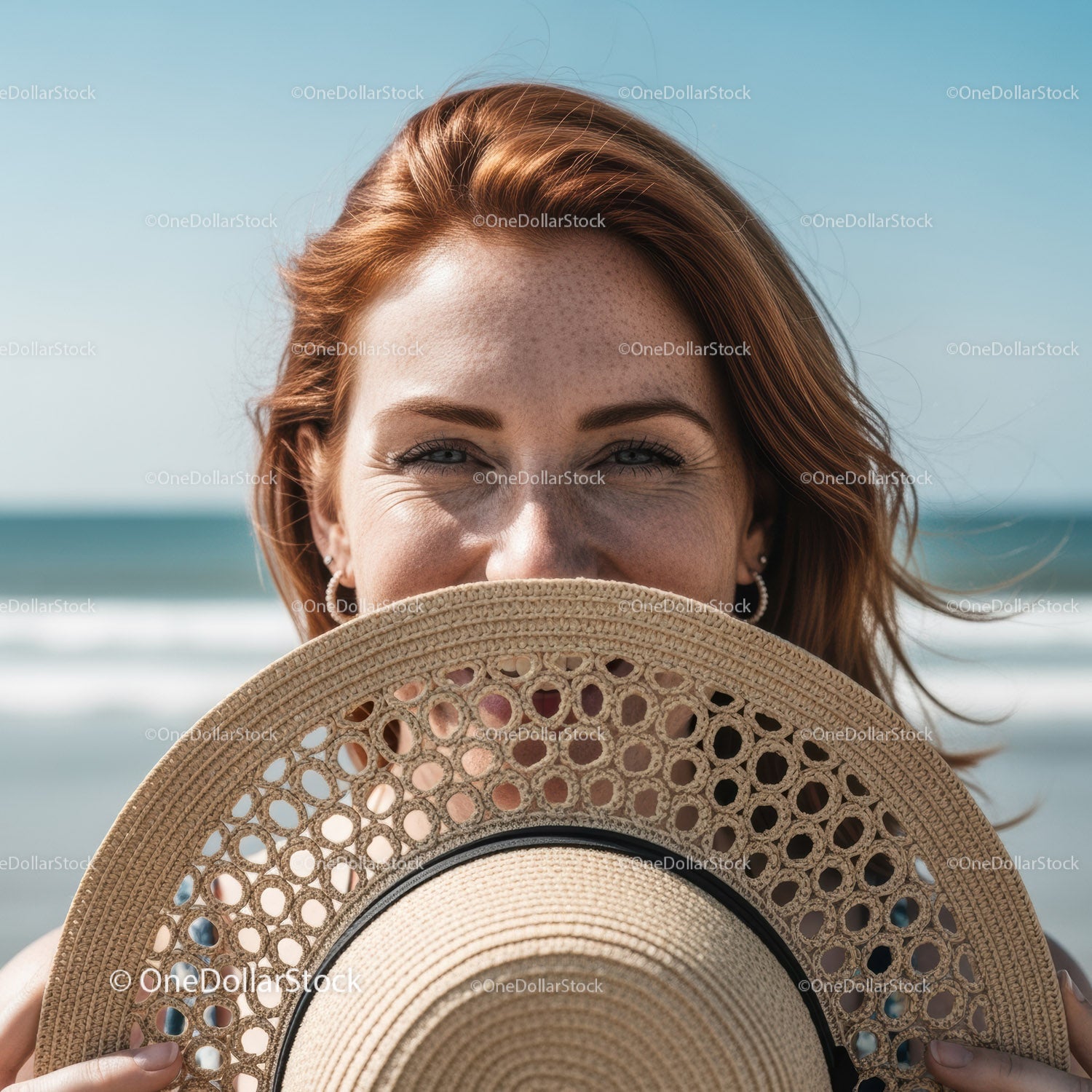 Happy Woman with Straw Hat at the Beach During Sunny Weather