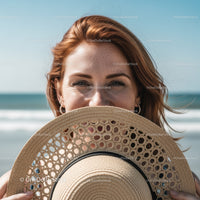 Happy Woman with Straw Hat at the Beach During Sunny Weather