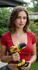 Young Woman Holding Power Drill in Garden Setting