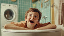 Joyful Child Playing in Laundry Room With Open Mouth Expression