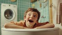 Joyful Child Playing in Laundry Room With Open Mouth Expression