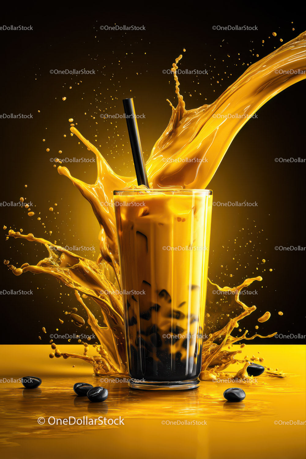 Cold Bubble Tea with Splashing Drink and Black Pearls