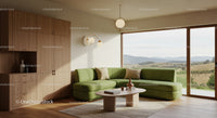 Modern Living Room with Green Sofa and Scenic View