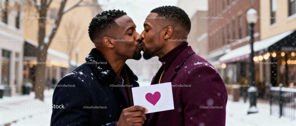 Affectionate couple kissing outdoors in winter with love card