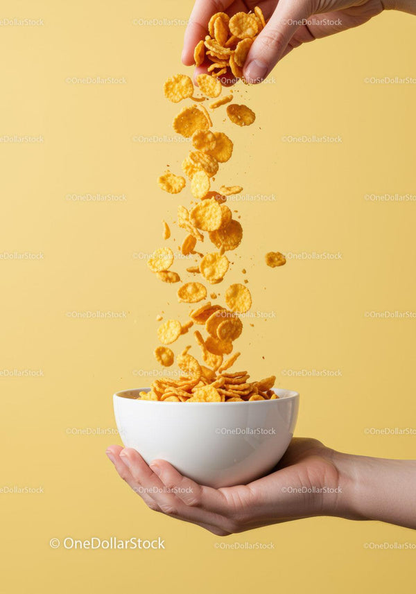 Pouring crispy cornflakes into white bowl held by hand