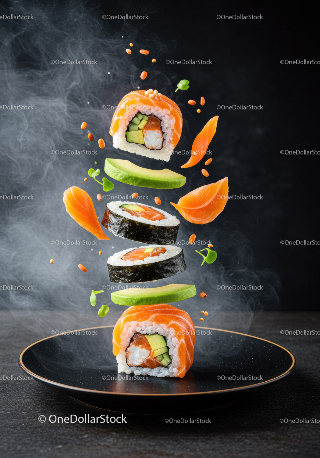 Świeże rolki sushi z łososiem, awokado i pływającymi zielonymi warzywami