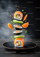Fresh salmon sushi rolls with avocado and greens floating