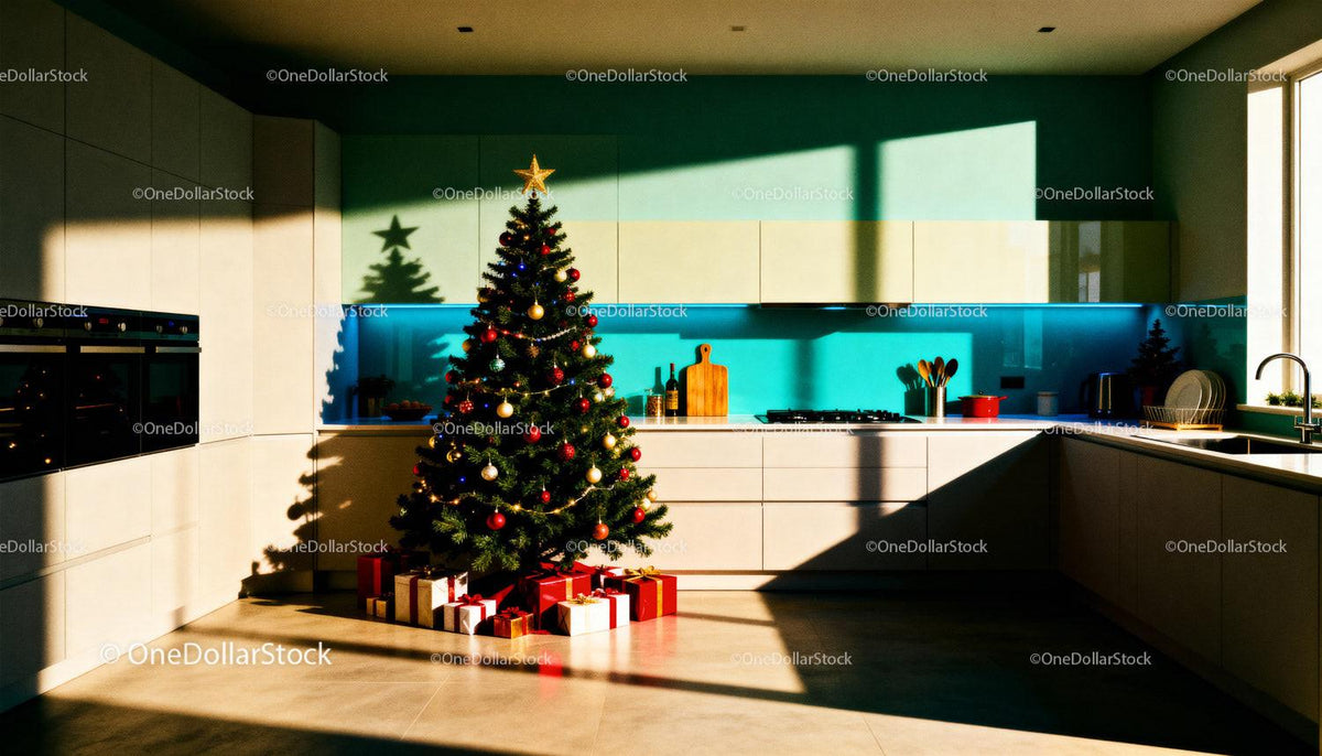 Modern kitchen with decorated Christmas tree and gifts