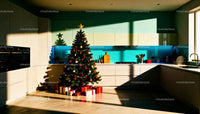 Modern kitchen with decorated Christmas tree and gifts