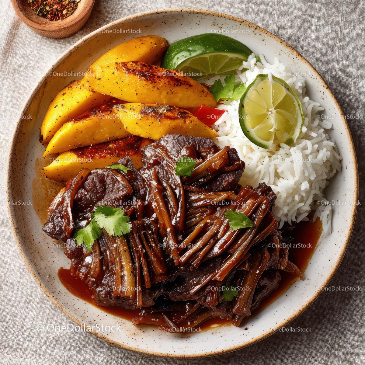 Savory Beef Steak with Mango and Lime on White Rice
