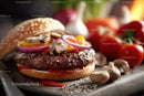 Juicy Beef Burger with Fresh Vegetables and Sliced Mushrooms