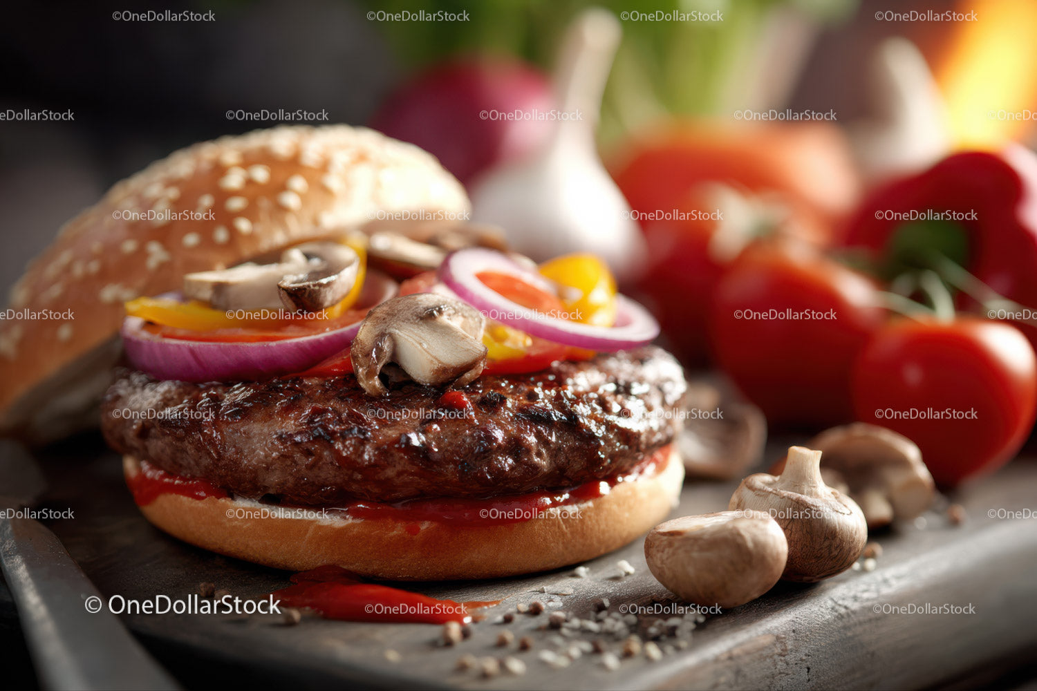 Soczysty burger wołowy ze świeżymi warzywami i pokrojonymi pieczarkami