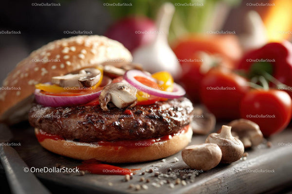 Soczysty Burger Wołowy z Świeżymi Warzywami i Plastry Grzybów