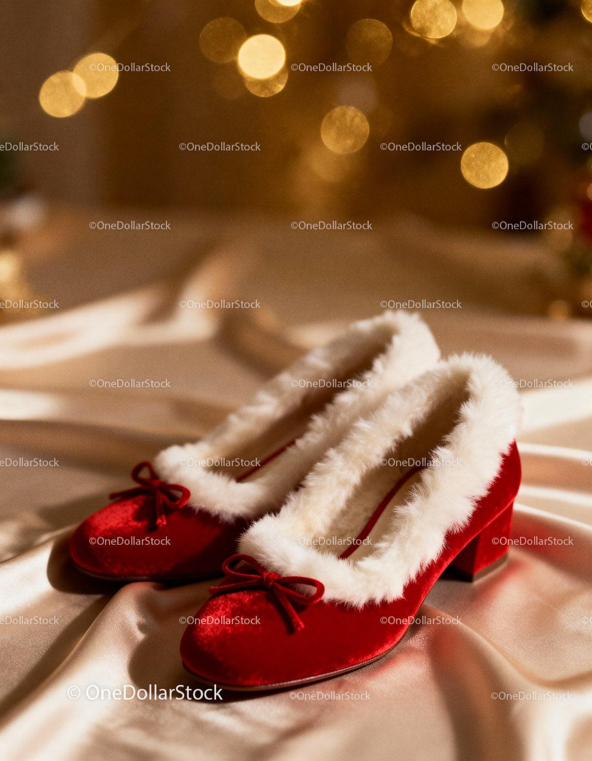 Cozy Red Velvet Heeled Slippers with White Fur Trim