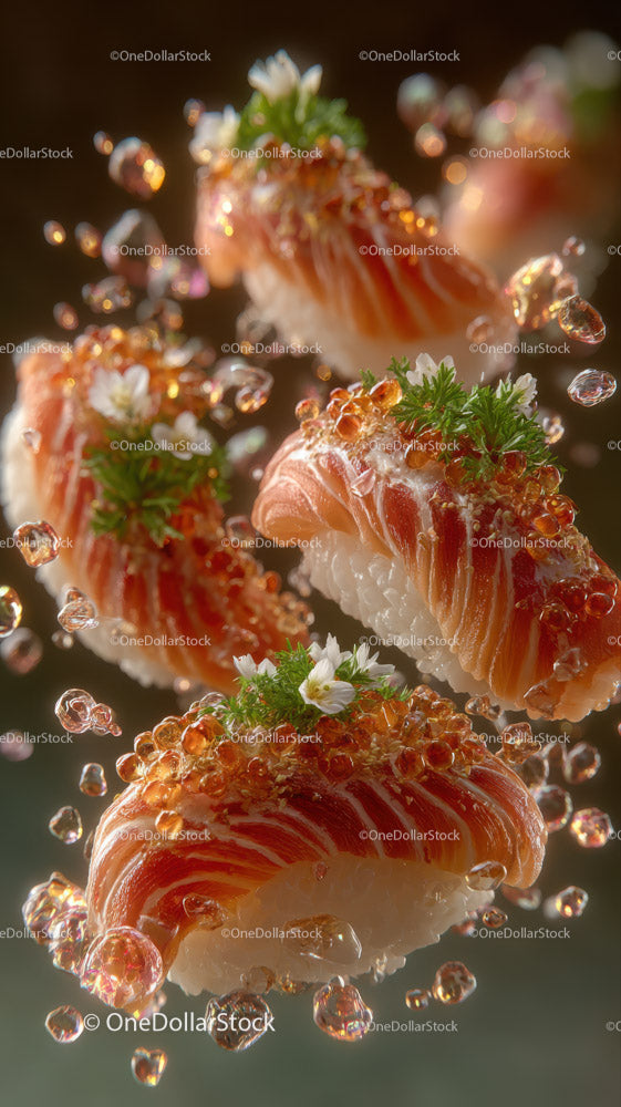Fresh Salmon Sushi Rolls with Garnishes and Glossy Fish Slices