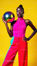 Vibrant Fashion Portrait of an African Woman in Bright Outfit with Disco Ball