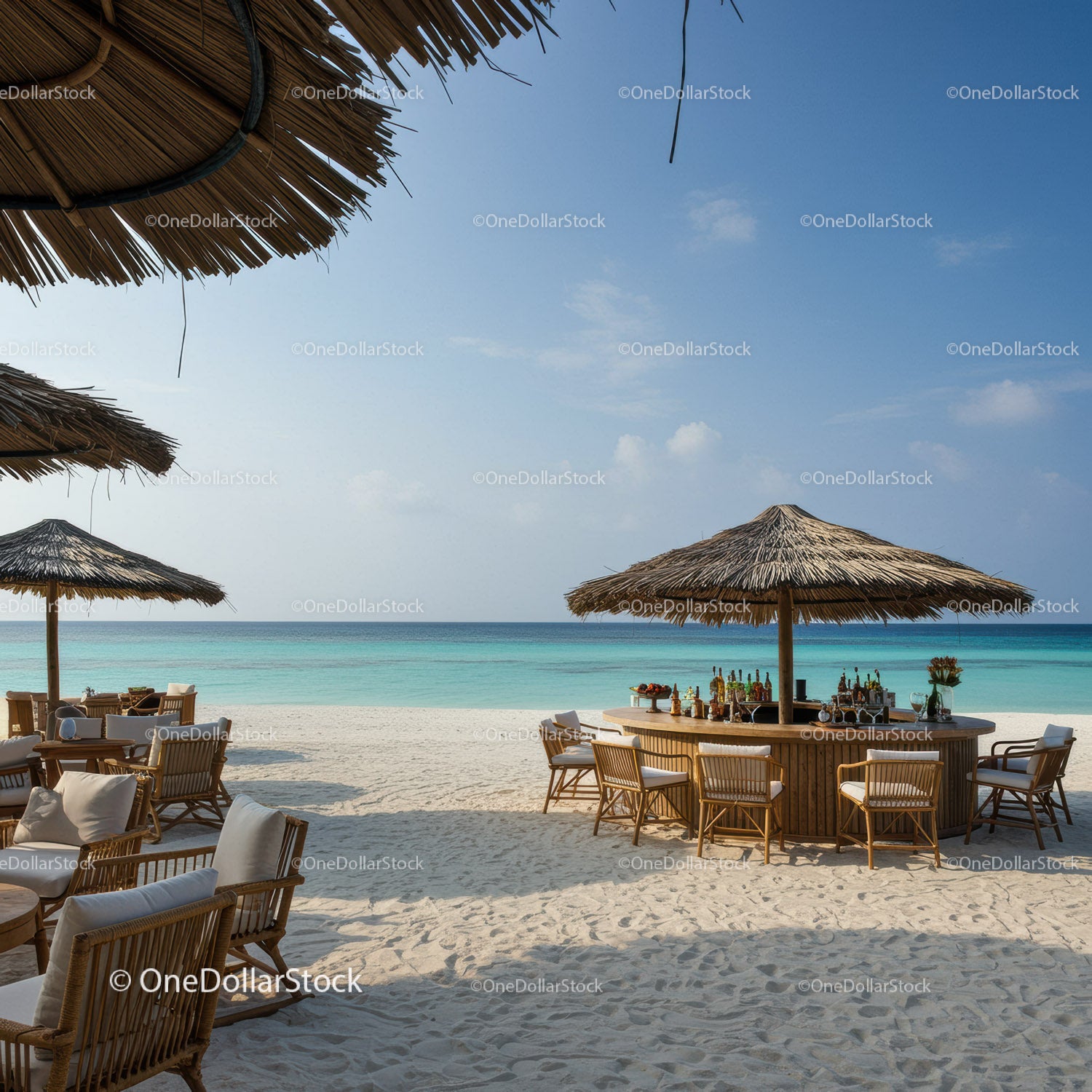 Tropical Beach with Straw Umbrellas and Outdoor Bar Scene